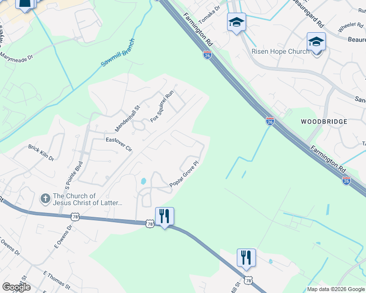 map of restaurants, bars, coffee shops, grocery stores, and more near 4000 Poplar Grove Place in Summerville