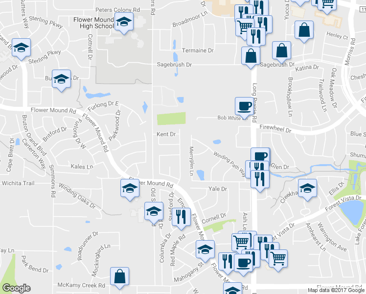 map of restaurants, bars, coffee shops, grocery stores, and more near 2820 Stanford Drive in Flower Mound