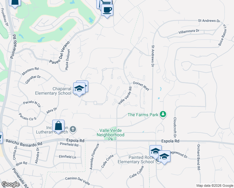 map of restaurants, bars, coffee shops, grocery stores, and more near 17205 Vendor Place in Poway