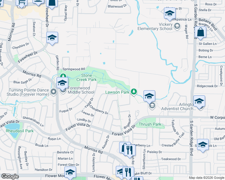 map of restaurants, bars, coffee shops, grocery stores, and more near 1425 Mimosa Court in Flower Mound