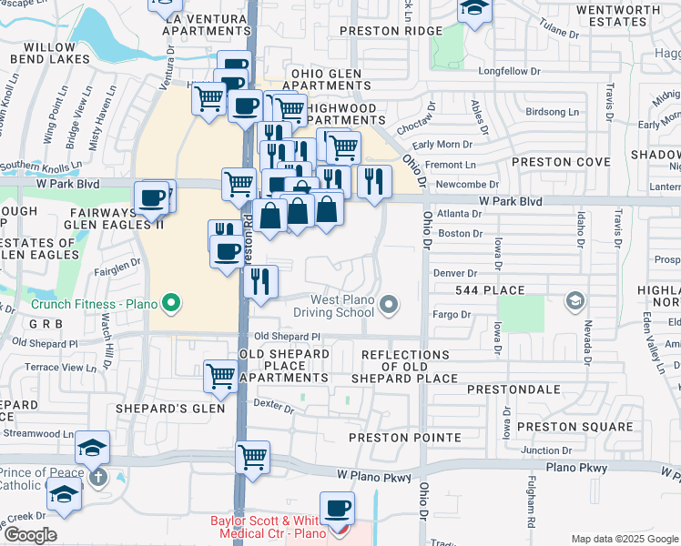 map of restaurants, bars, coffee shops, grocery stores, and more near 4701 Preston Park Boulevard in Plano