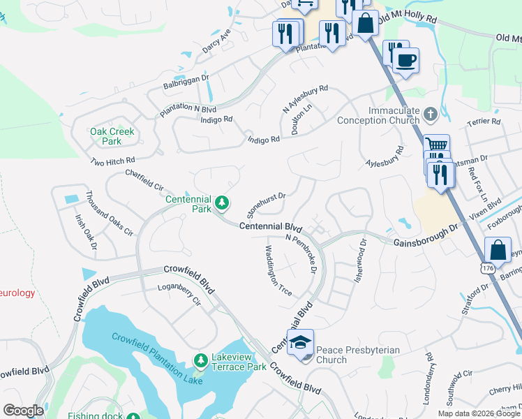 map of restaurants, bars, coffee shops, grocery stores, and more near 103 Fairbury Drive in Goose Creek