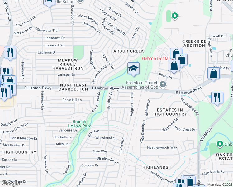 map of restaurants, bars, coffee shops, grocery stores, and more near 4107 High Sierra Drive in Carrollton