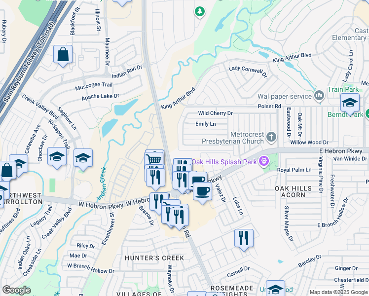 map of restaurants, bars, coffee shops, grocery stores, and more near 1102 Holly Drive in Carrollton
