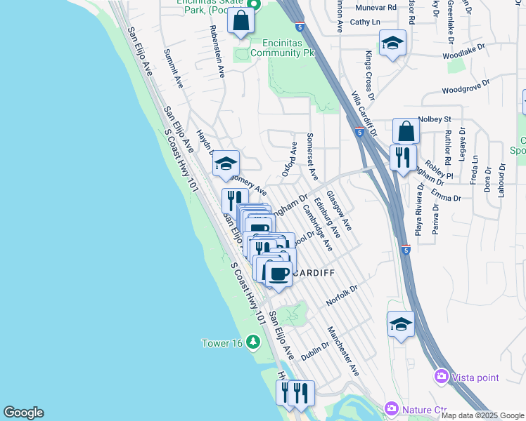 map of restaurants, bars, coffee shops, grocery stores, and more near 1969 Manchester Avenue in Encinitas