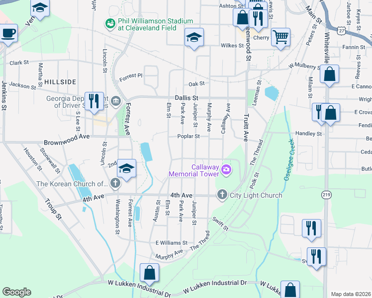map of restaurants, bars, coffee shops, grocery stores, and more near 1007 Park Avenue in LaGrange