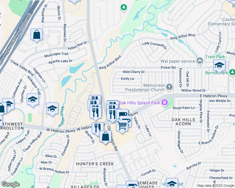 map of restaurants, bars, coffee shops, grocery stores, and more near 1102 Holly Drive in Carrollton