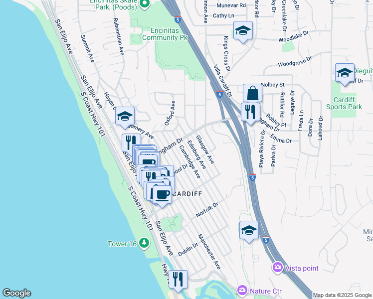 map of restaurants, bars, coffee shops, grocery stores, and more near 2033 Cambridge Avenue in Encinitas