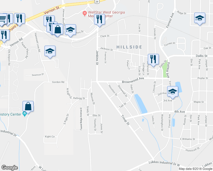 map of restaurants, bars, coffee shops, grocery stores, and more near 802 Houston Street in LaGrange