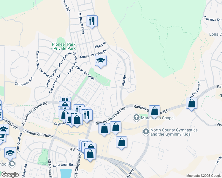 map of restaurants, bars, coffee shops, grocery stores, and more near 10531 Bluestone Street in San Diego
