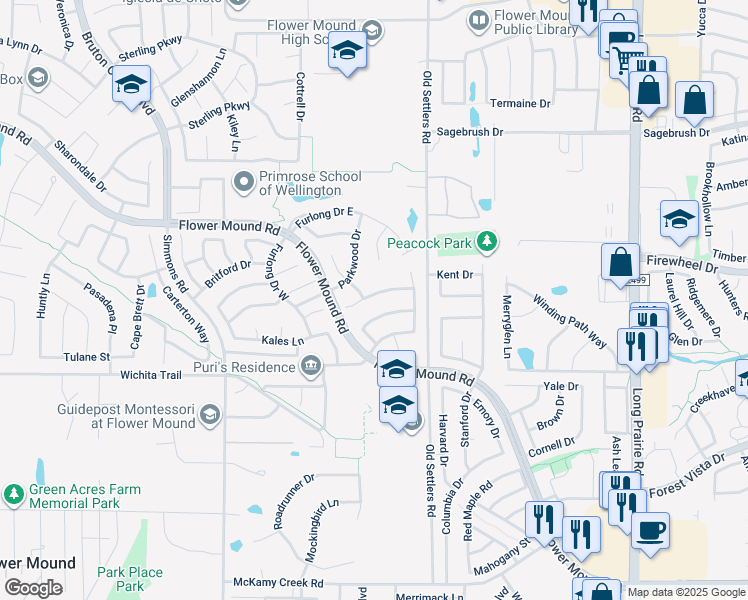 map of restaurants, bars, coffee shops, grocery stores, and more near 3419 Diamond Point Drive in Flower Mound