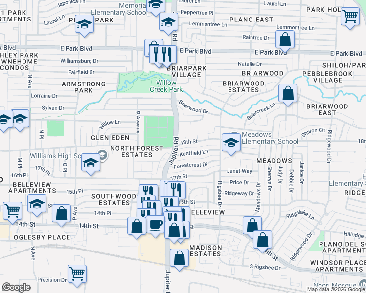 map of restaurants, bars, coffee shops, grocery stores, and more near 2204 18th Street in Plano