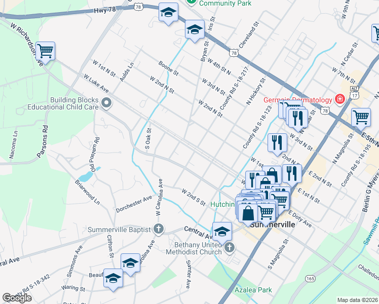map of restaurants, bars, coffee shops, grocery stores, and more near 102 South Palmetto Street in Summerville