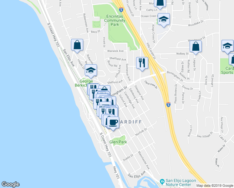 map of restaurants, bars, coffee shops, grocery stores, and more near 2008 Oxford Avenue in Encinitas