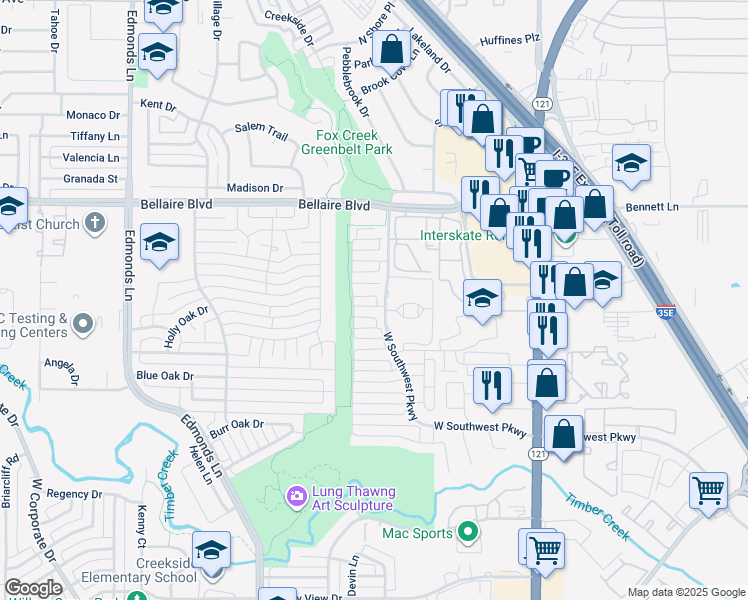 map of restaurants, bars, coffee shops, grocery stores, and more near 413 Elam Drive in Lewisville