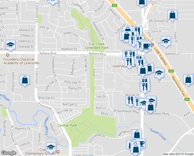 map of restaurants, bars, coffee shops, grocery stores, and more near 413 Elam Drive in Lewisville