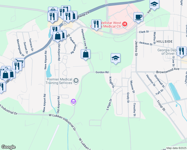 map of restaurants, bars, coffee shops, grocery stores, and more near 250 Gordon Road in LaGrange