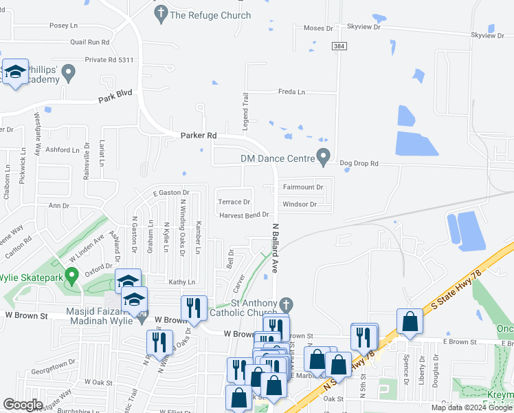 map of restaurants, bars, coffee shops, grocery stores, and more near 502 Grassy Glen Drive in Wylie