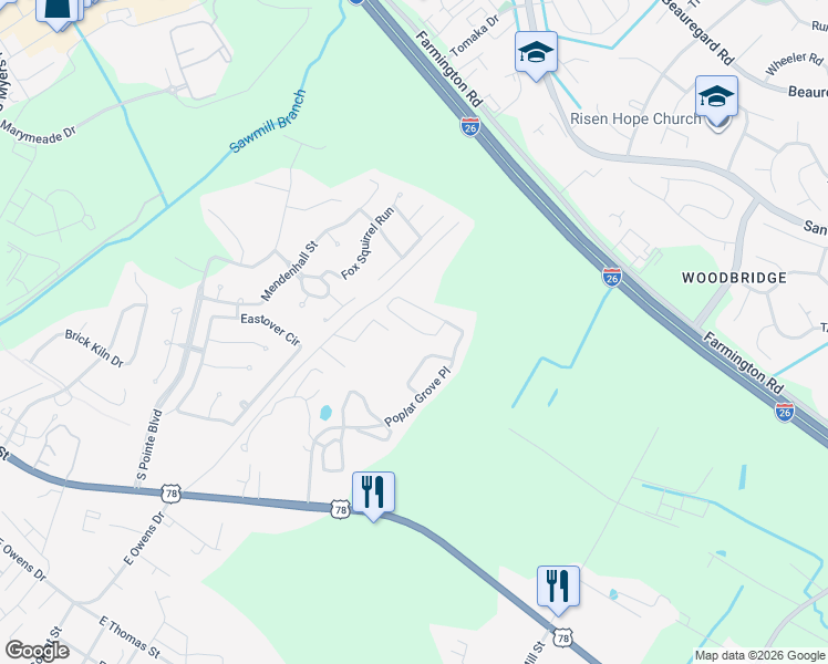 map of restaurants, bars, coffee shops, grocery stores, and more near 4000 Poplar Grove Place in Summerville