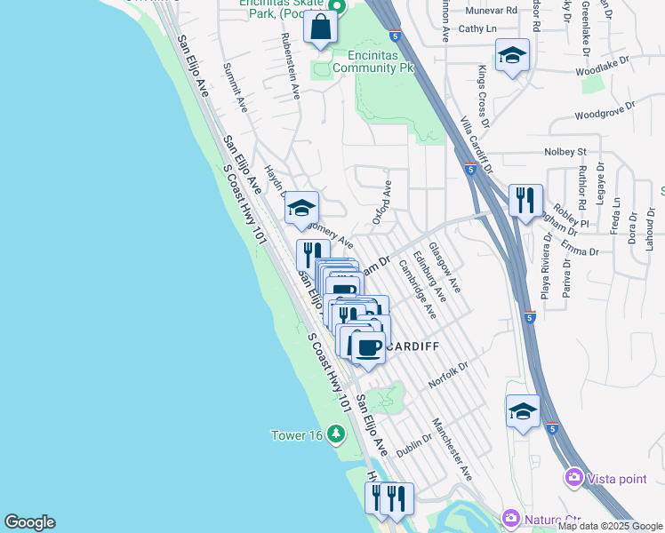map of restaurants, bars, coffee shops, grocery stores, and more near 159 Mozart Avenue in Encinitas