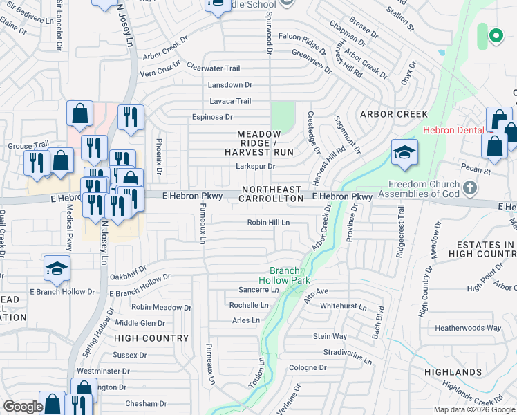 map of restaurants, bars, coffee shops, grocery stores, and more near 2048 East Hebron Parkway in Carrollton