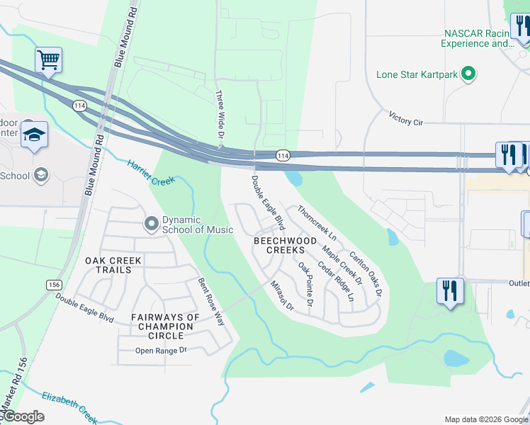 map of restaurants, bars, coffee shops, grocery stores, and more near 15921 Avenel Way in Fort Worth