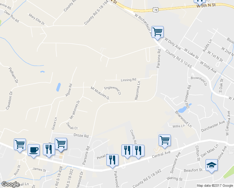 map of restaurants, bars, coffee shops, grocery stores, and more near 1014 Englewood Court in Summerville