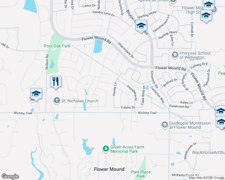 map of restaurants, bars, coffee shops, grocery stores, and more near 2705 Huntly Lane in Flower Mound