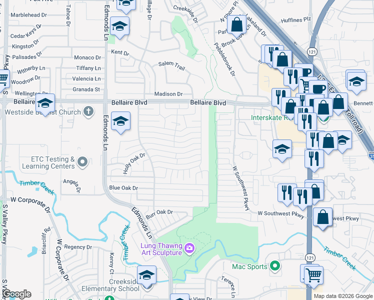 map of restaurants, bars, coffee shops, grocery stores, and more near 718 Mockingbird Drive in Lewisville