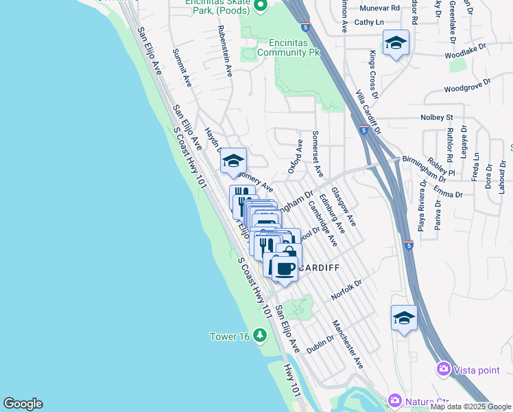 map of restaurants, bars, coffee shops, grocery stores, and more near 159 Mozart Avenue in Encinitas
