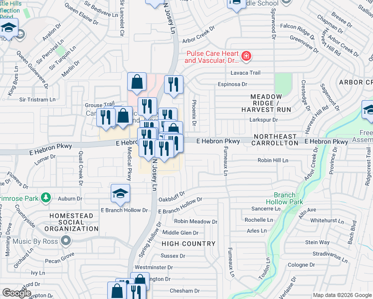 map of restaurants, bars, coffee shops, grocery stores, and more near 1930 East Hebron Parkway in Carrollton
