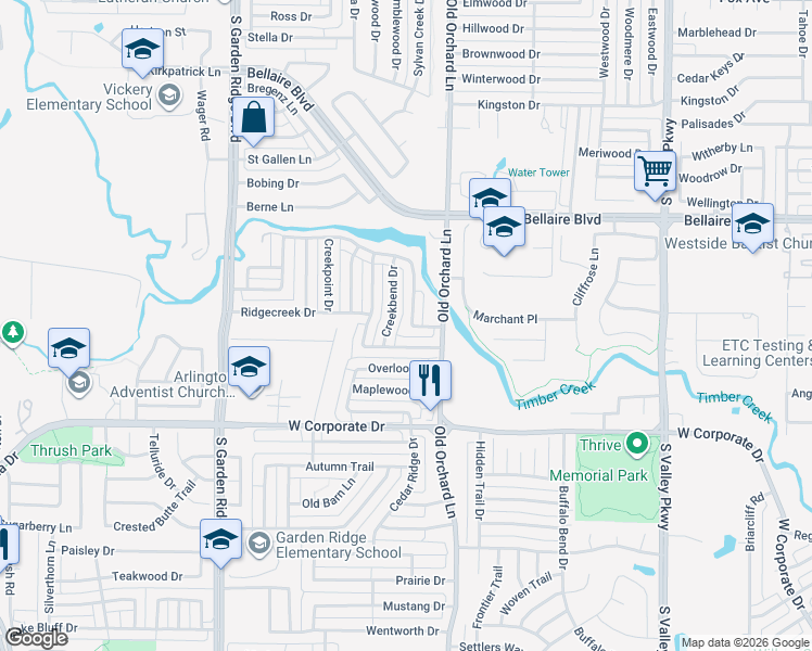 map of restaurants, bars, coffee shops, grocery stores, and more near 1318 Creekview Drive in Lewisville