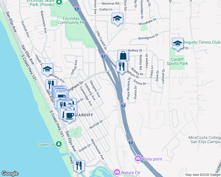 map of restaurants, bars, coffee shops, grocery stores, and more near 2168 Carol View Drive in Encinitas