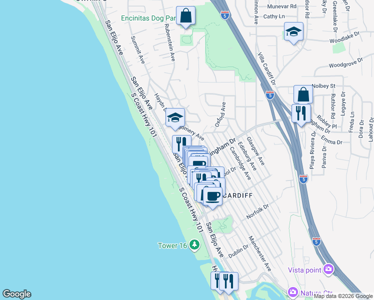 map of restaurants, bars, coffee shops, grocery stores, and more near 119 Mozart Avenue in Encinitas