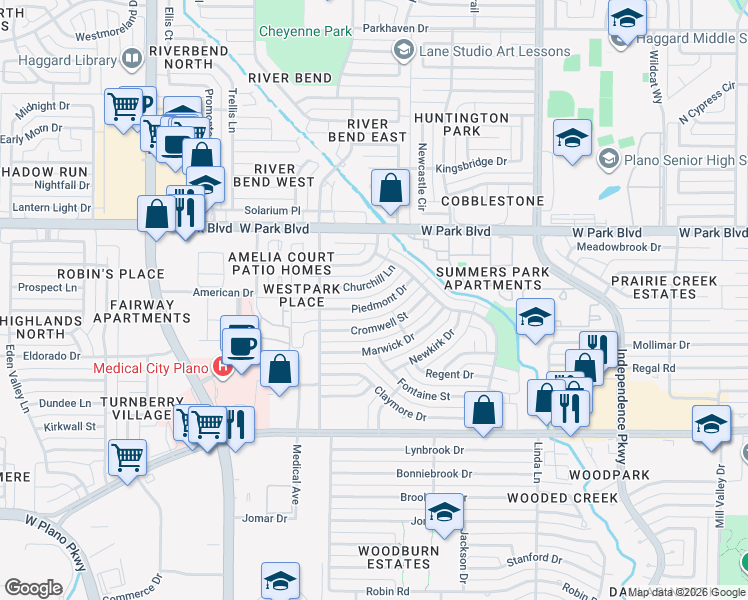 map of restaurants, bars, coffee shops, grocery stores, and more near 3529 Piedmont Dr in Plano