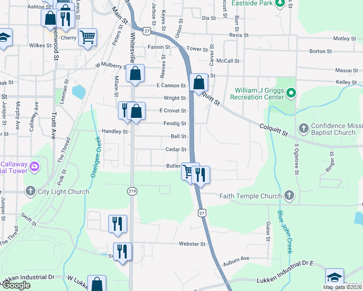map of restaurants, bars, coffee shops, grocery stores, and more near 219 Cedar Street in LaGrange