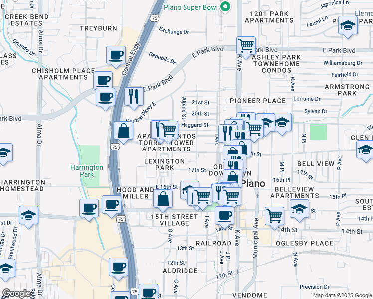 map of restaurants, bars, coffee shops, grocery stores, and more near 813 18th Street in Plano