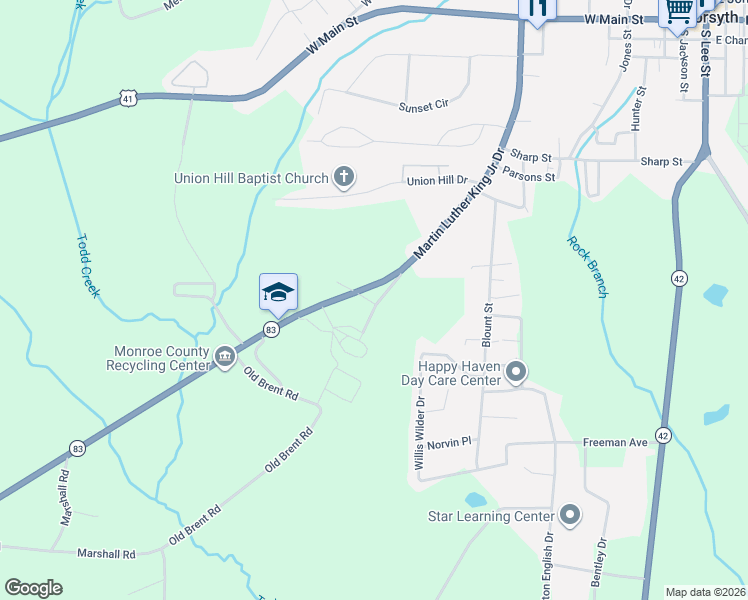 map of restaurants, bars, coffee shops, grocery stores, and more near 54 Martin Luther King Junior Drive in Forsyth