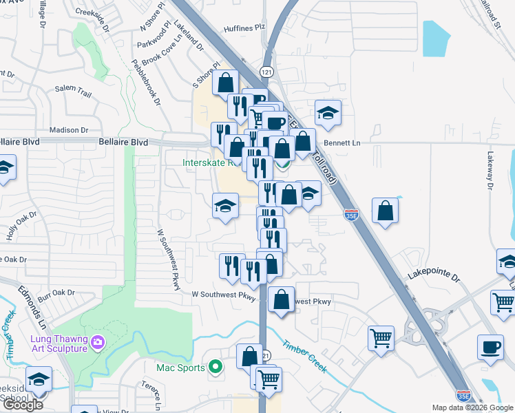 map of restaurants, bars, coffee shops, grocery stores, and more near 1530 State Highway 121 in Lewisville