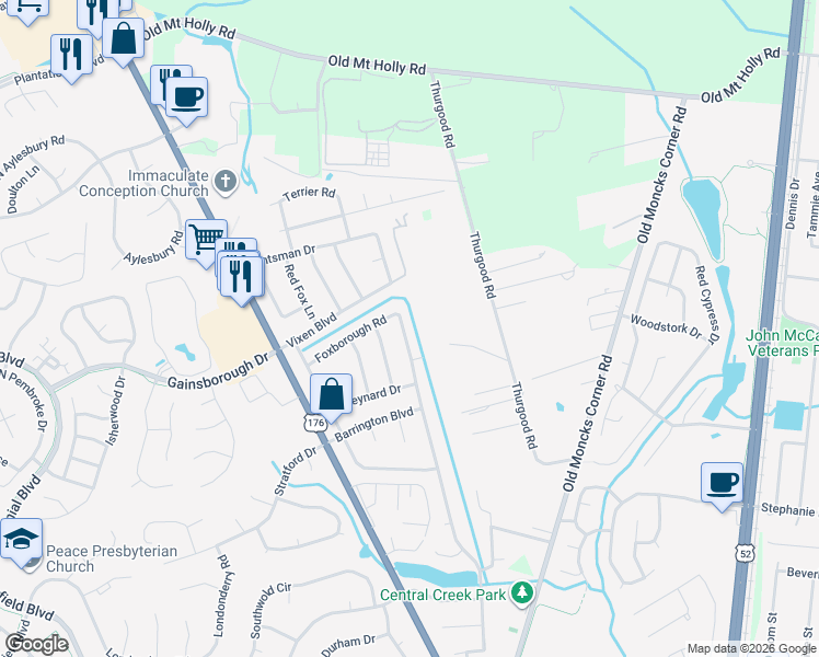 map of restaurants, bars, coffee shops, grocery stores, and more near 215 Foxborough Road in Goose Creek