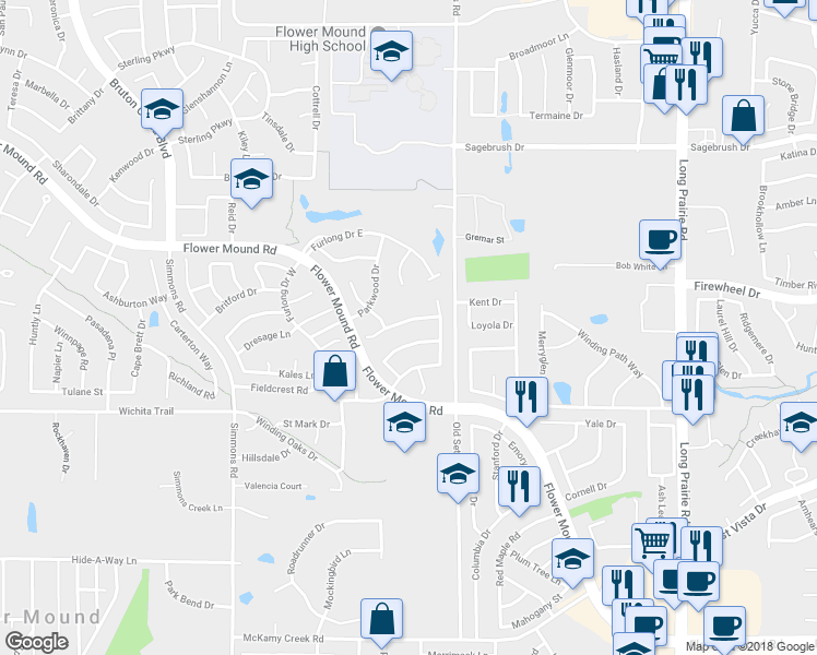 map of restaurants, bars, coffee shops, grocery stores, and more near 3411 Diamond Point Drive in Flower Mound
