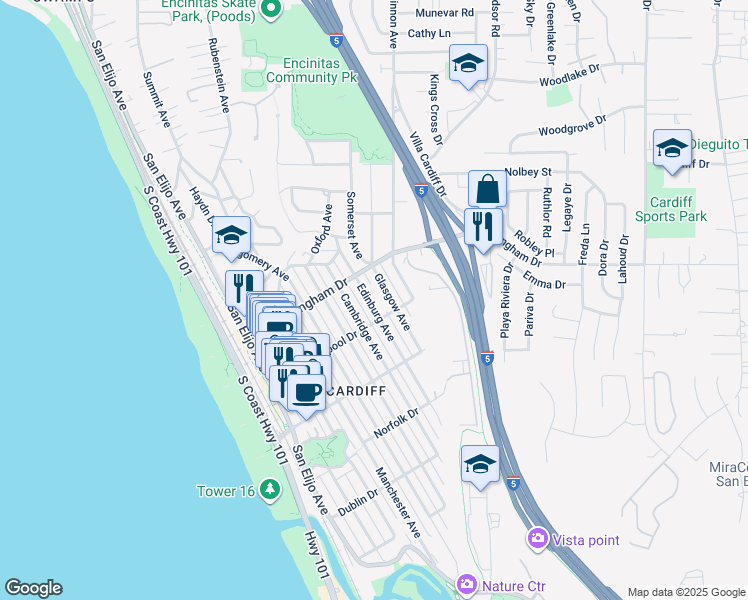 map of restaurants, bars, coffee shops, grocery stores, and more near 2080 Glasgow Avenue in Encinitas
