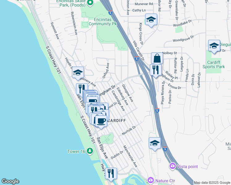 map of restaurants, bars, coffee shops, grocery stores, and more near 2033 Cambridge Avenue in Encinitas