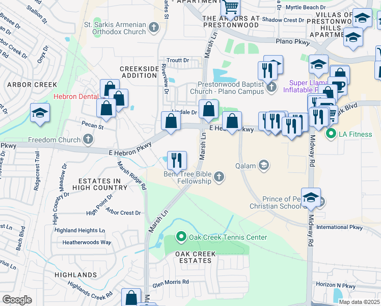 map of restaurants, bars, coffee shops, grocery stores, and more near 4233 Marsh Lane in Carrollton
