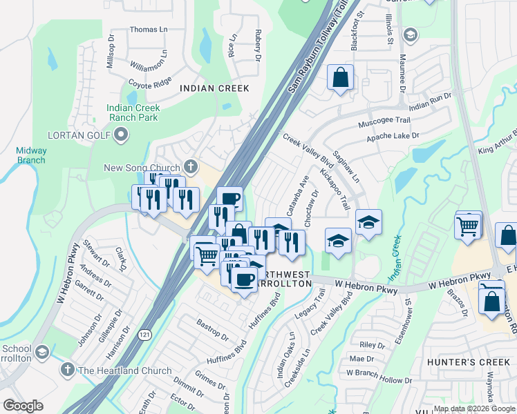map of restaurants, bars, coffee shops, grocery stores, and more near 4164 Comanche Drive in Carrollton
