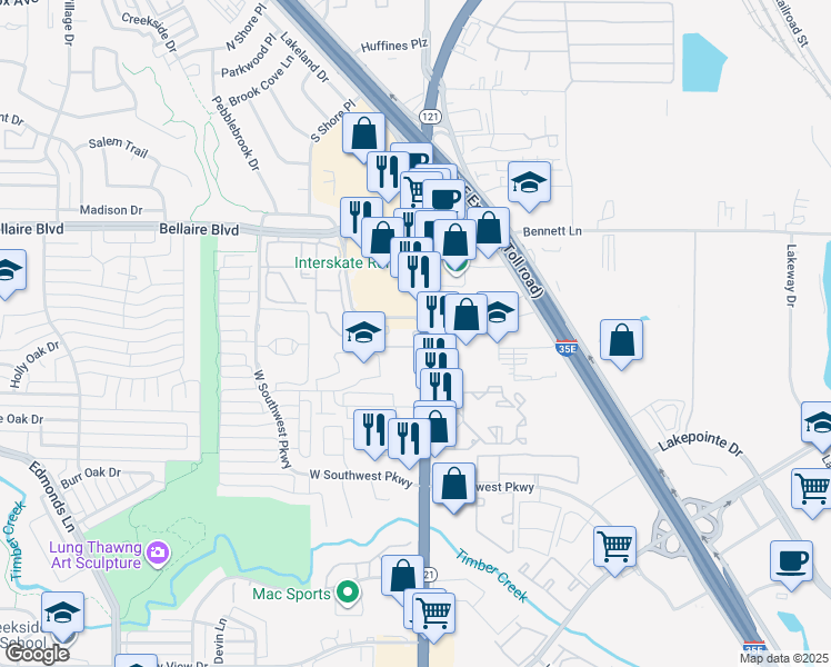 map of restaurants, bars, coffee shops, grocery stores, and more near 1530 State Highway 121 in Lewisville