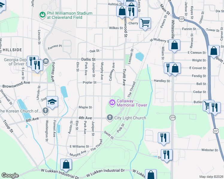 map of restaurants, bars, coffee shops, grocery stores, and more near 1004 Callaway Avenue in LaGrange