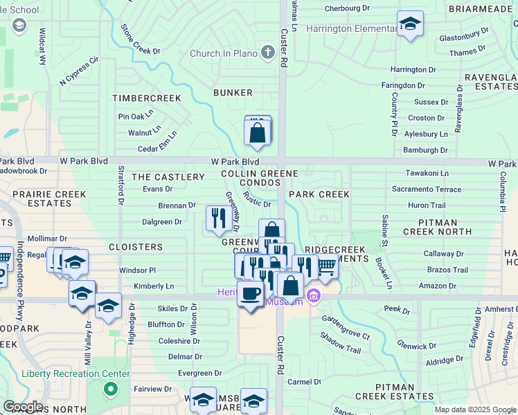 map of restaurants, bars, coffee shops, grocery stores, and more near 1800 Rustic Circle in Plano