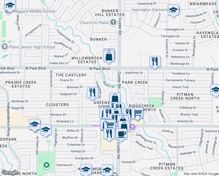 map of restaurants, bars, coffee shops, grocery stores, and more near 1800 Rustic Circle in Plano