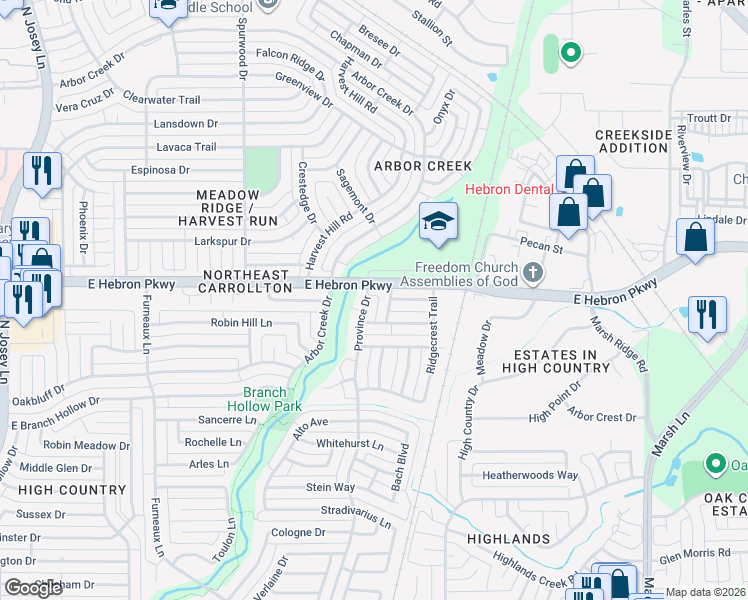 map of restaurants, bars, coffee shops, grocery stores, and more near 4107 High Sierra Drive in Carrollton